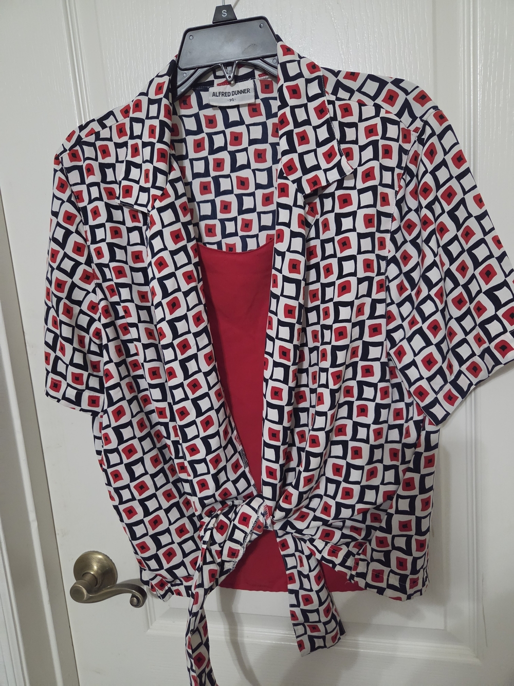 Alfred Dunner Red & Navy Geometric Tie-Front Blouse